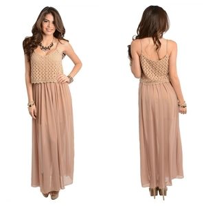 Beige lace flattering strapless maxi dress
